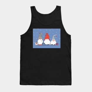 Three Christmas Gnomes with Snowflakes and Presents on Pale Blue Tank Top